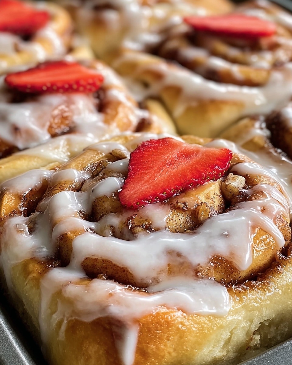The image shows close-up cinnamon rolls in a baking tray with three visible layers: the bottom golden brown dough, a middle layer of swirled cinnamon sugar filling with a slightly rough texture, and a top layer of glossy white icing drizzled unevenly over the rolls. Each roll is topped with a slice of bright red strawberry adding a fresh pop of color. The cinnamon rolls have a soft, fluffy appearance with sticky cinnamon bits visible near the edges. The white icing contrasts with the warm colors of the baked dough and cinnamon, and the rolls are slightly shiny from a glaze underneath the icing. Photo taken with an iphone --ar 4:5 --v 7