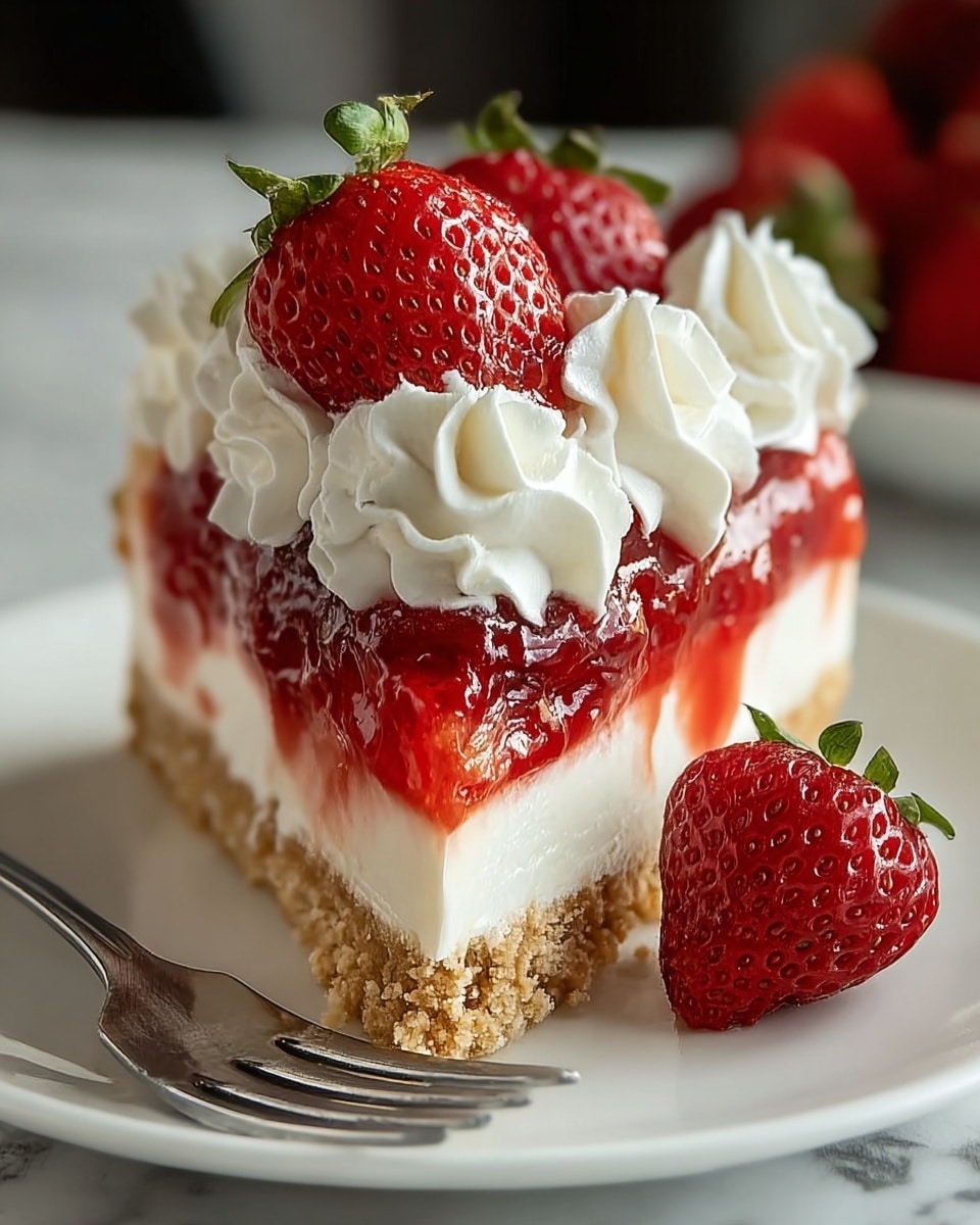 A slice of strawberry cheesecake is presented on a white plate, showing four distinct layers: the bottom layer is a crumbly light brown crust, above it a thick, smooth white cream cheese layer, followed by a glossy red strawberry sauce layer with a slightly sticky texture, and topped with white whipped cream swirls. Fresh, whole strawberries and one halved strawberry sit on top of the whipped cream, with one more strawberry placed next to the cheesecake on the plate. A fork lies on the plate near the dessert, and the whole scene is set against a white marbled textured surface. Photo taken with an iphone --ar 4:5 --v 7