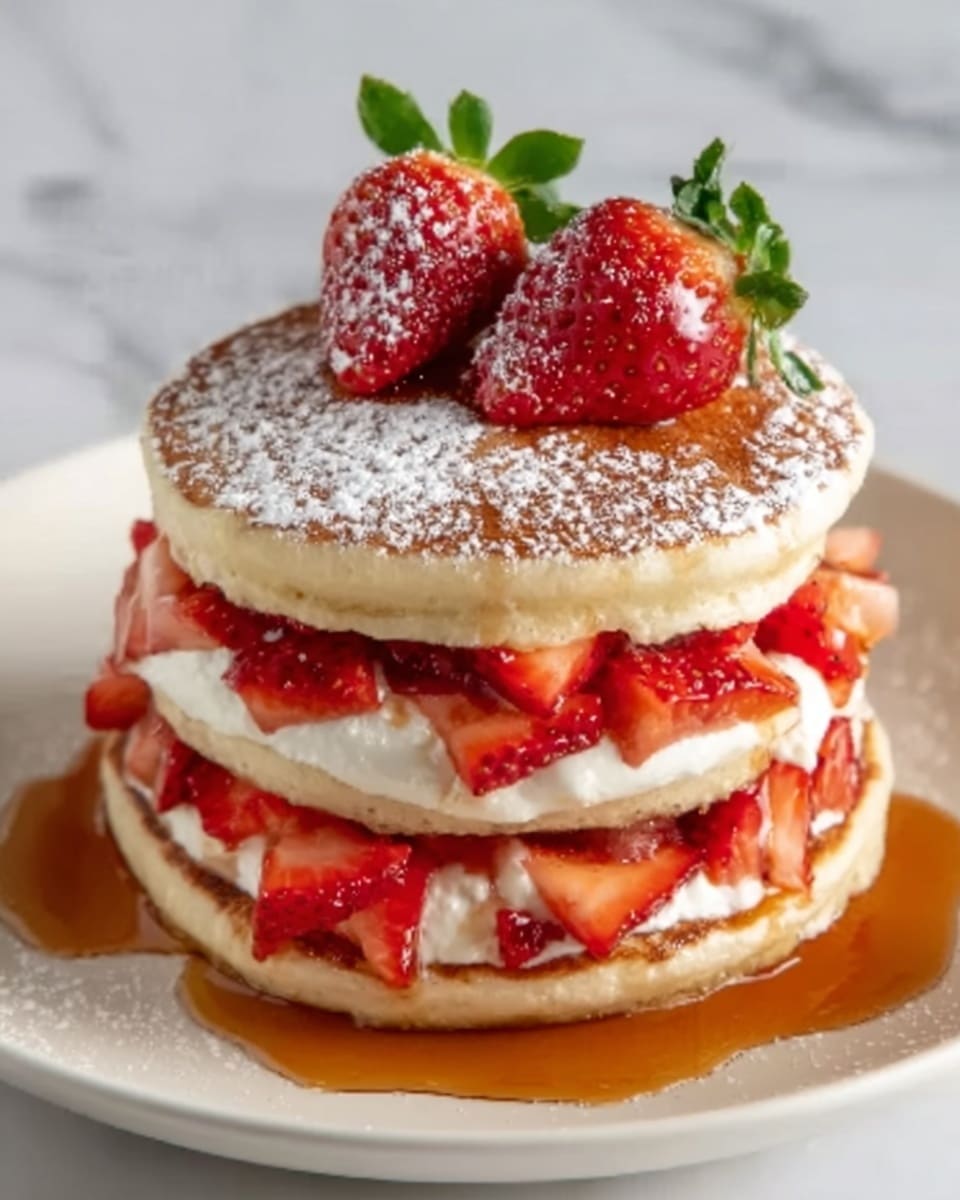 The image shows a stack of three thick pancakes on a white plate, placed on a white marbled surface. The bottom pancake has a layer of small sliced strawberries and syrup dripping around the edges. The middle pancake is topped with a white creamy layer and more sliced strawberries peeking out. The top pancake has a dusting of powdered sugar and several whole strawberries with green leaves on top. The syrup pools slightly around the plate. photo taken with an iphone --ar 4:5 --v 7
