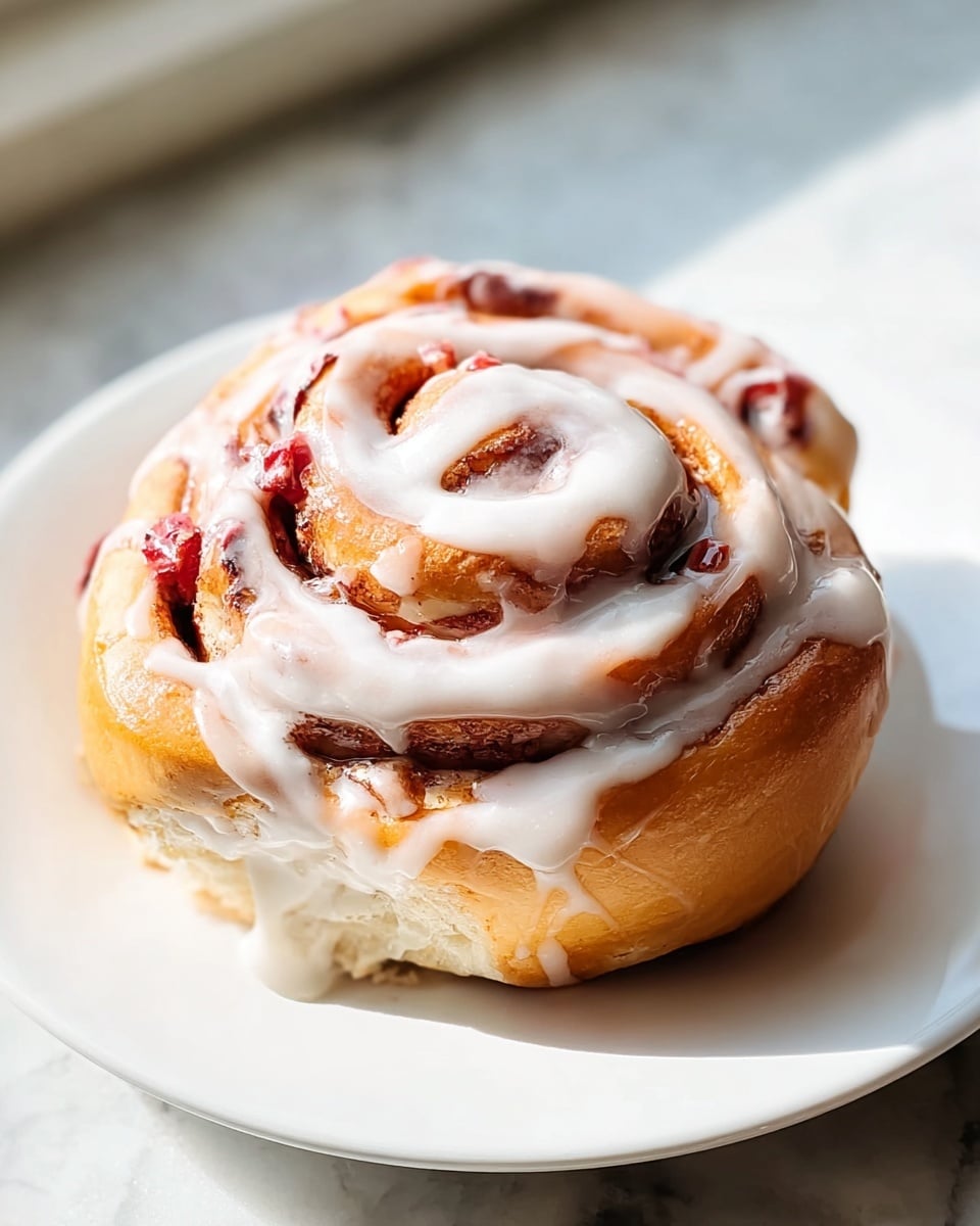A single cinnamon roll sits on a white plate, showing about three visible layers spiraled tightly. The outer dough layer is golden-brown and soft, with swirls of darker cinnamon and bits of red fruit scattered inside the spiral. Thick, white icing is generously drizzled over the top and sides, some parts dripping slightly down the roll's curves. The background is a white marbled texture with soft natural light coming from the side, highlighting the roll’s glossy and moist texture. photo taken with an iphone --ar 4:5 --v 7