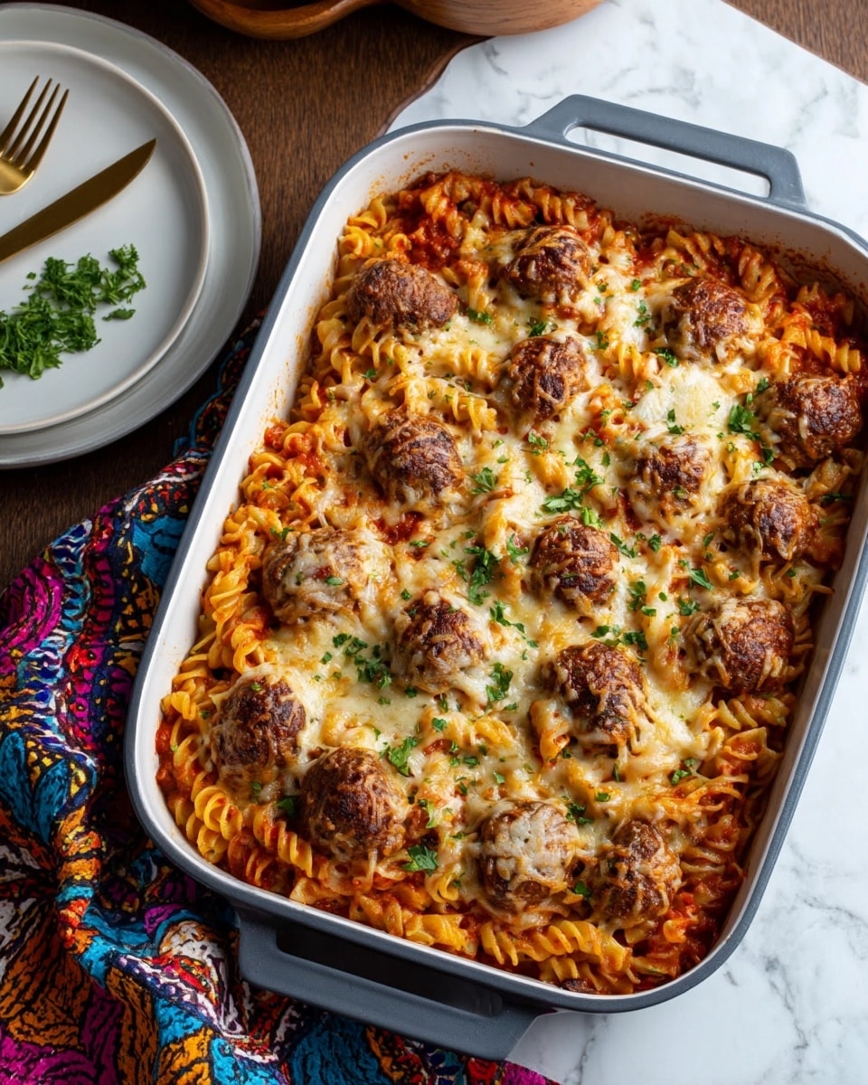The dish is a baked pasta casserole in a rectangular pan with a grey exterior and white interior. The bottom layer consists of twisted pasta coated in red tomato sauce, topped by evenly spaced round brown meatballs. A golden-brown, melted cheese layer covers the entire dish, sprinkled with small green herb pieces, giving a fresh touch. The pan sits on a colorful cloth with patterns on a white marbled surface. Next to the pan is an empty white plate with a gold fork on it. Photo taken with an iphone --ar 4:5 --v 7