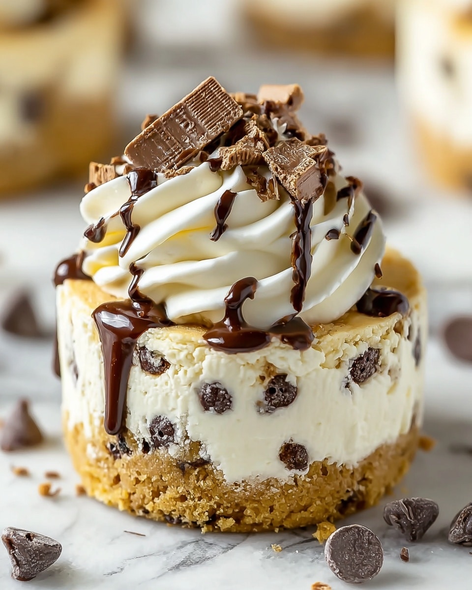 This image shows a small round dessert with three clear layers: the bottom layer is golden brown and crumbly like a cookie crust with chocolate chips mixed in; the middle layer is thick, creamy, and white with scattered small dark chocolate chips; the top layer is a swirl of white whipped cream or frosting with a glossy dark chocolate drizzle running down the sides and topped with chunks of chocolate pieces and some chocolate chips. The dessert is placed on a white marbled surface with some chocolate chips around it. Photo taken with an iphone --ar 4:5 --v 7