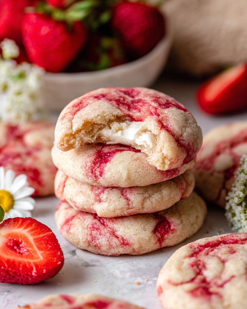 A stack of soft, round cookies with a light beige color mixed with bright red swirls lies on a white marbled surface. The top cookie has a bite taken out of it, showing a soft, creamy white layer inside. Surrounding the stack are more similar cookies, and in the background, there is a white bowl filled with fresh, whole strawberries. A halved strawberry and a small white flower with a yellow center sit near the cookies, adding a fresh, natural touch. The texture of the cookies looks soft and slightly crumbly with uneven red spots throughout. photo taken with an iphone --ar 4:5 --v 7