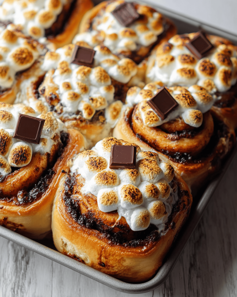 The image shows a close-up of a baking tray filled with nine swirled cinnamon rolls. Each roll has a golden-brown baked dough base with dark brown cinnamon filling visible in the spirals. On top of each roll is a layer of toasted marshmallows that are white with golden-brown spots, creating a fluffy and slightly crisp texture. A small square piece of dark chocolate sits in the center of the marshmallow topping on each roll. The baking tray is placed on a white marbled textured surface. photo taken with an iphone --ar 4:5 --v 7