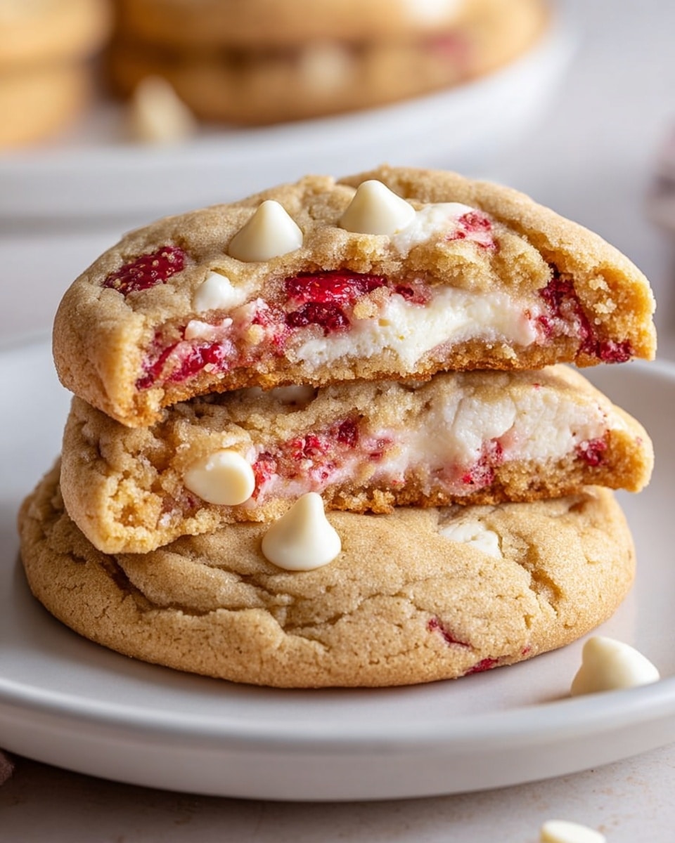 Two light golden brown cookies are stacked on a white plate with a white marbled surface background. The top cookie is broken in half, showing three layers inside: a soft cookie outer layer, a white creamy middle, and bright red fruit pieces mixed within the cream. White chocolate chips are scattered on the cookies' surface, and the texture looks slightly crumbly and soft. The close-up view focuses on the layers and mix of colors in the broken cookie. photo taken with an iphone --ar 4:5 --v 7