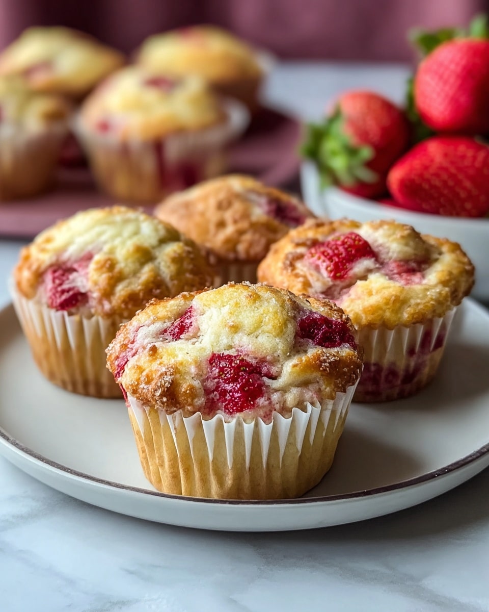 A close-up of four strawberry muffins placed on a white plate. Each muffin has a golden brown top with visible pieces of red strawberries embedded in the soft muffin surface. The muffins show a lightly crumbly texture on top and moist interiors that have bits of strawberries seen through the white muffin liners. The plate is set on a white marbled surface, with a soft-focus background showing more muffins and red strawberries. photo taken with an iphone --ar 4:5 --v 7