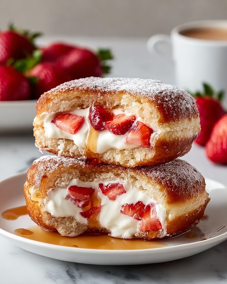 The image shows two halves of a stacked doughnut filled with cream and pieces of red strawberries. Each doughnut half has a golden brown, slightly shiny exterior with a dusting of powdered sugar on top. Inside, there are two layers: a soft, beige dough on the top and bottom, and a white creamy layer with chunks of bright red strawberries in the middle. Syrup is drizzled over the top and pools slightly on the white plate beneath. The plate sits on a white marbled surface, and in the blurry background, red strawberries and a cup are visible. photo taken with an iphone --ar 4:5 --v 7