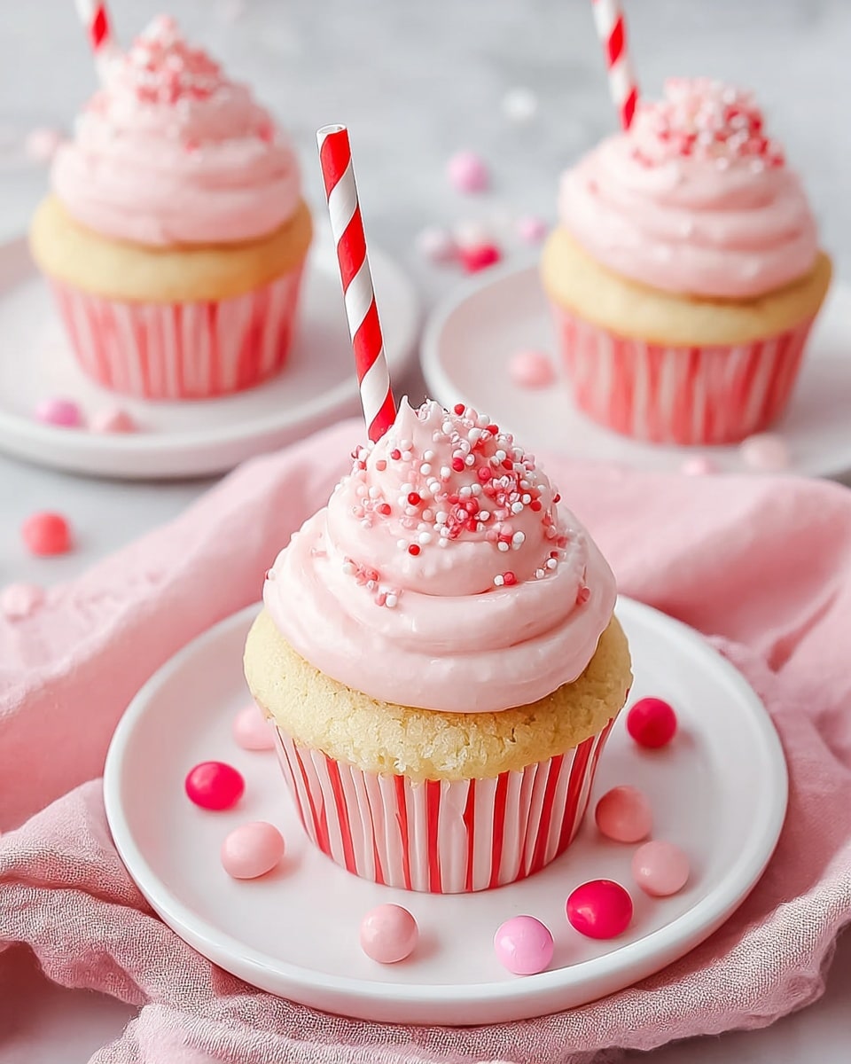 A cupcake with three layers is shown on a white plate over a soft pink cloth on a white marbled surface. The bottom layer is golden yellow cake inside a pink and white striped paper liner. The second layer is smooth, light pink frosting spiraled with a small peak on top. The top layer has tiny red, white, and pink round sprinkles and a red and white striped paper straw sticking out vertically from the center. Around the cupcake on the plate are scattered small round candies in pink, red, and white. In the background, there are two more identical cupcakes on white plates. photo taken with an iphone --ar 4:5 --v 7