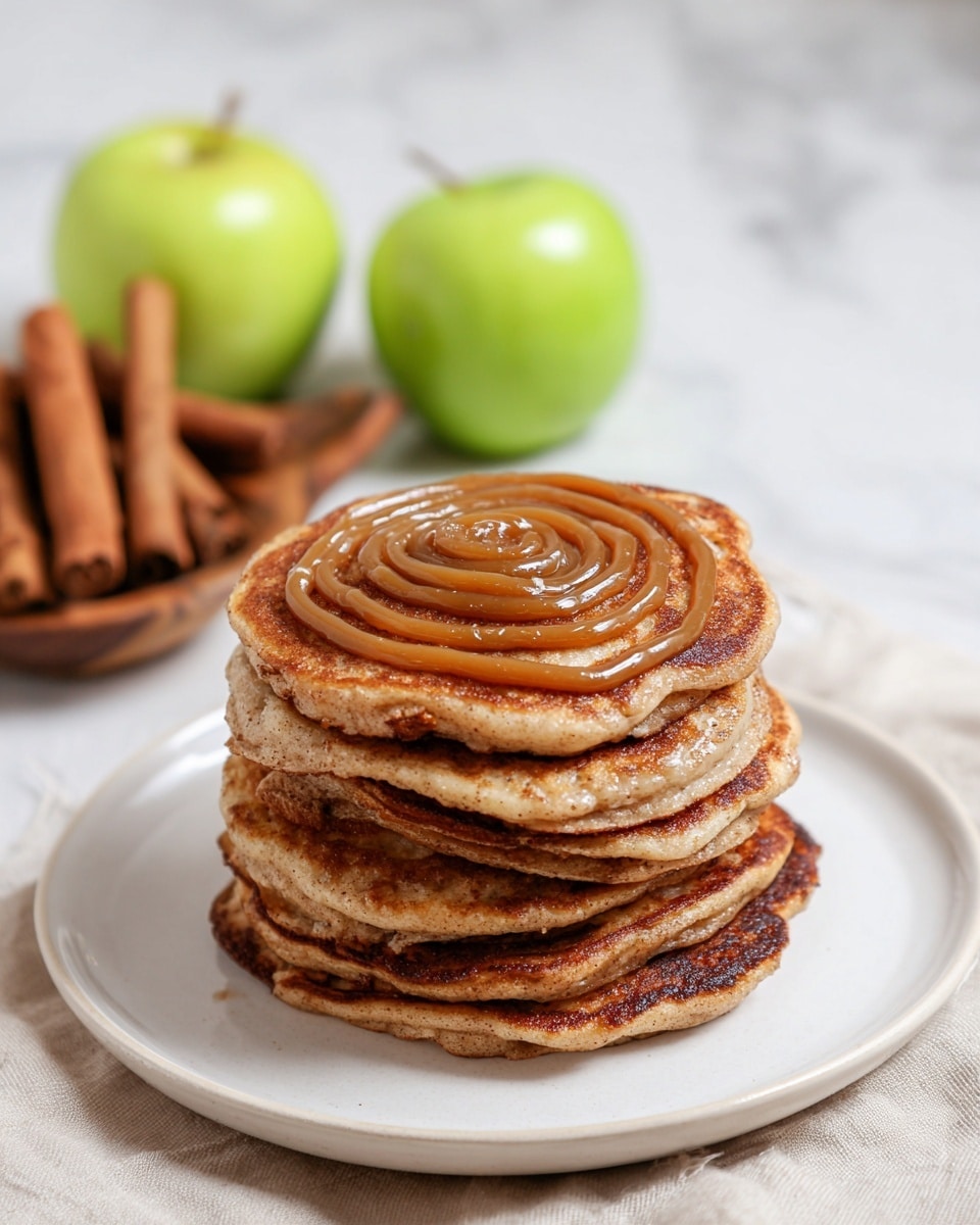 A stack of six golden-brown pancakes with a slightly crispy texture on the edges sits centered on a plain white plate. On top, a thick spiral of caramel-colored syrup glistens, starting from the middle and winding outward. Behind the stack, two shiny green apples and a wooden container filled with cinnamon sticks add depth to the scene. The setting rests on a white marbled surface with a soft white cloth underneath the plate. The photo taken with an iphone --ar 4:5 --v 7