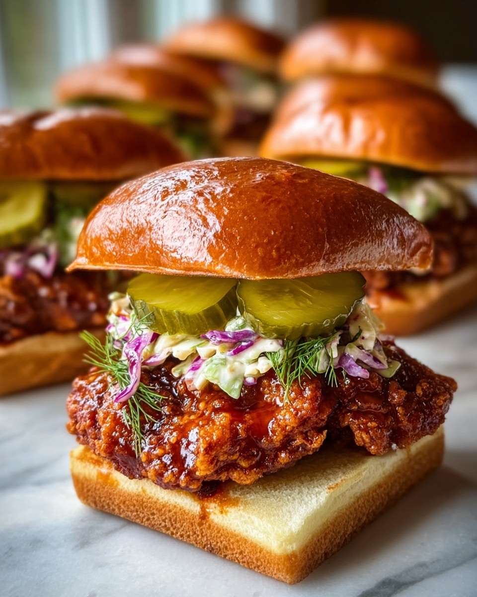 The image shows a close-up of a fried chicken sandwich on a glossy golden brown bun. The bottom layer is a soft white sliced bun, topped with a crispy fried chicken piece coated in a sticky reddish-brown sauce. Above the chicken, there are three thick slices of green pickles. On top of the pickles is a small amount of creamy coleslaw with hints of purple cabbage and green herbs like dill. The sandwich is completed with the shiny top bun. The background has several similar sandwiches blurred softly, all resting on a white marbled surface. photo taken with an iphone --ar 4:5 --v 7