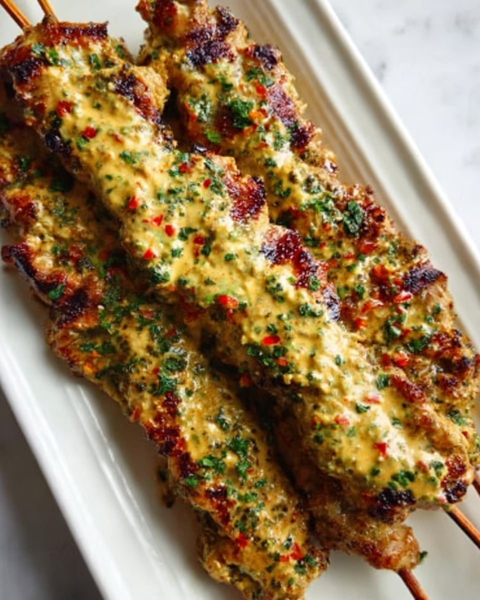 The image shows three grilled skewers on a long white plate. Each skewer has a textured, slightly charred surface, with a golden-brown color mixed with green bits that look like herbs. The skewers are topped with a thick, creamy sauce that is light yellow with green and red specks, giving a fresh, spicy look. The sauce is spread unevenly, covering each piece well, and the edges of the meat are slightly crispy. The plate sits on a white marbled surface. photo taken with an iphone --ar 4:5 --v 7