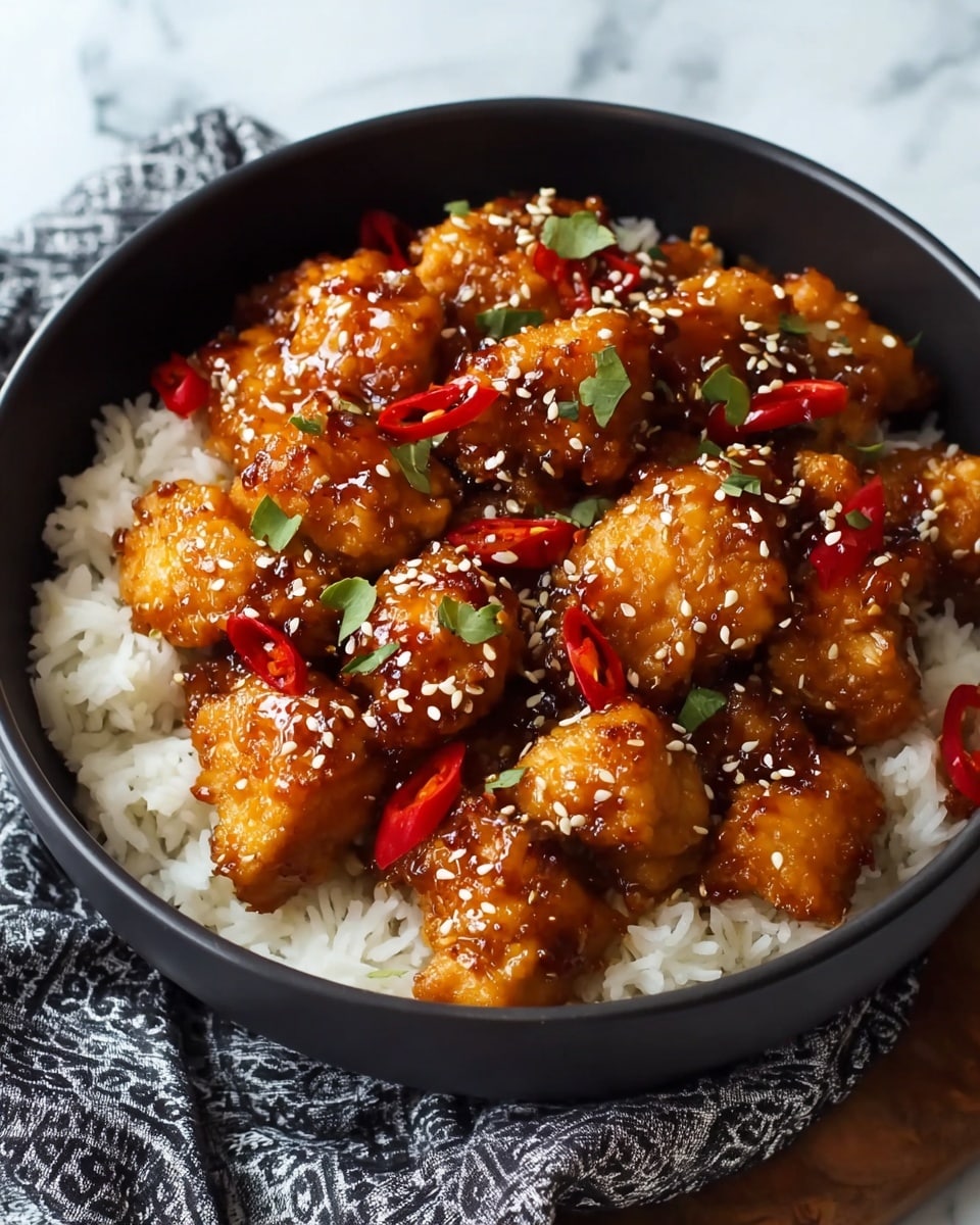 The dish is shown in a black bowl filled with two layers. The bottom layer is white fluffy rice evenly spread across the bowl. On top, there are many pieces of golden-brown chicken coated in a shiny, sticky dark orange sauce. Red chili slices are scattered among the chicken pieces, adding pops of bright red. White sesame seeds and small green herb leaves are sprinkled over the chicken, giving texture and color contrast. The bowl is placed on a cloth with a black and white pattern over a white marbled surface. photo taken with an iphone --ar 4:5 --v 7