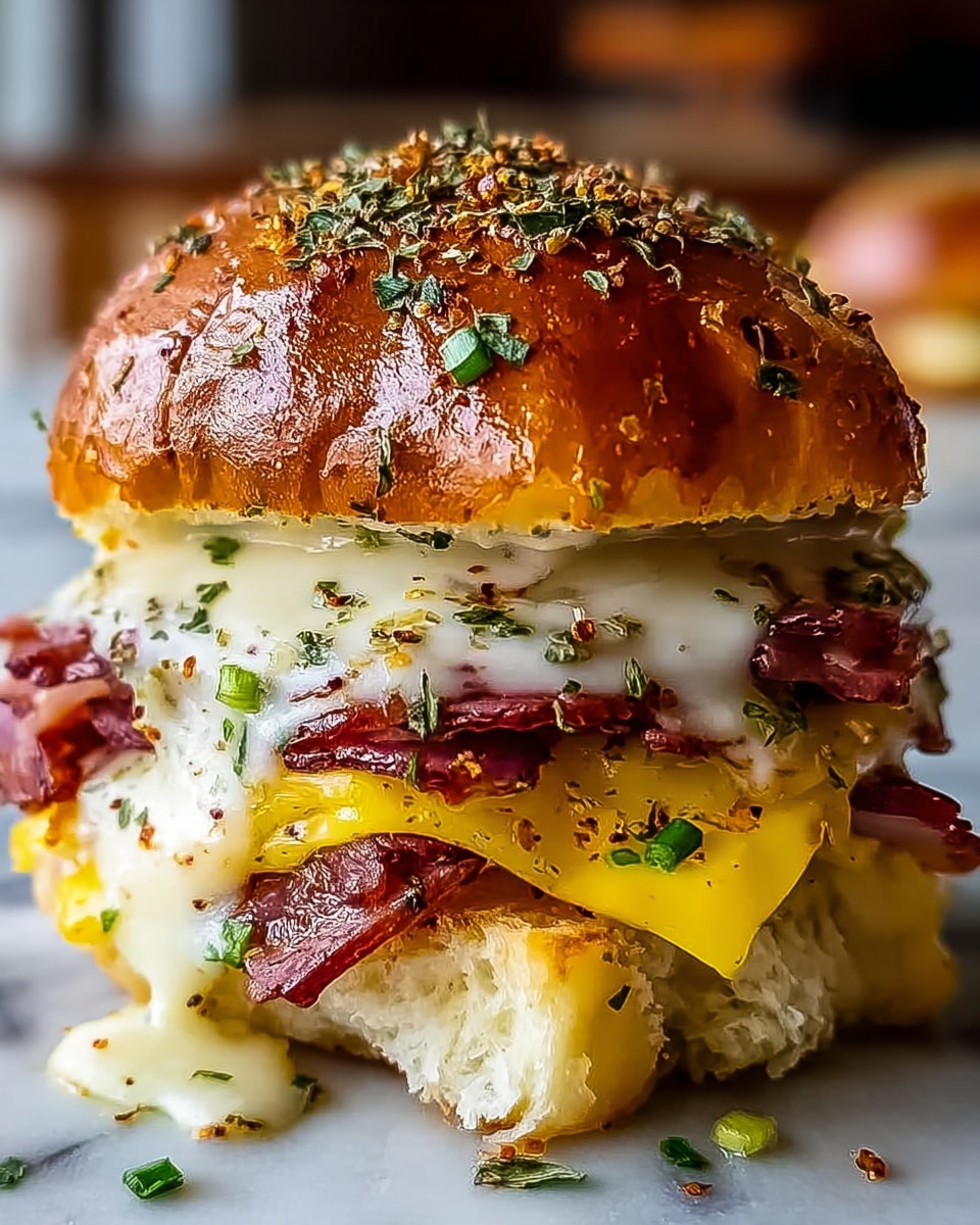 A thick sandwich with three main layers is shown. The top layer is a shiny, toasted bun sprinkled with herbs and spices and topped with small green onion pieces. Below it, there is a melted white cheese layer dripping over reddish-brown slices of bacon or cured meat. The middle layer features a bright yellow slice of melted cheese, also sprinkled with herbs and spices, which drapes over more bacon beneath it. The bottom layer is a soft, fluffy white bun. The sandwich rests on a white marbled surface with some scattered herbs around it. photo taken with an iphone --ar 4:5 --v 7