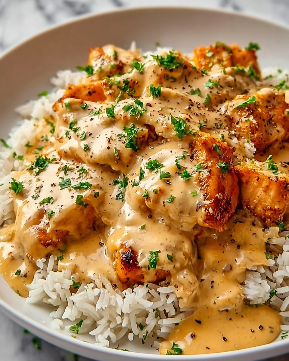 A white plate holds a dish with two main layers: the bottom layer is white rice with visible separate grains, and the top layer is a creamy beige sauce generously covering pieces of grilled chicken. The chicken pieces have a browned, slightly charred texture with an orange-brown color showing through the sauce. The sauce is smooth and thick with scattered black pepper specks and chopped green herbs sprinkled on top for contrast. The dish sits on a white marbled surface. photo taken with an iphone --ar 4:5 --v 7