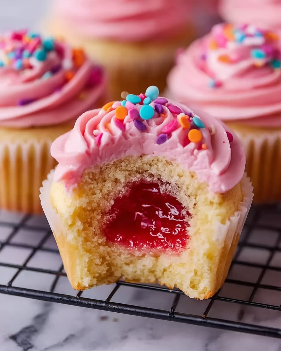 A close-up of a cupcake with a soft light yellow cake base showing a thick, red jelly filling inside where a bite has been taken. The top layer is a swirl of smooth, pastel pink frosting decorated with small round colorful sprinkles in pink, orange, yellow, blue, and purple. The cupcake sits on a black wire cooling rack, with other cupcakes blurred in the background, all having similar pink frosting and sprinkles. The scene is set on a white marbled texture. photo taken with an iphone --ar 4:5 --v 7