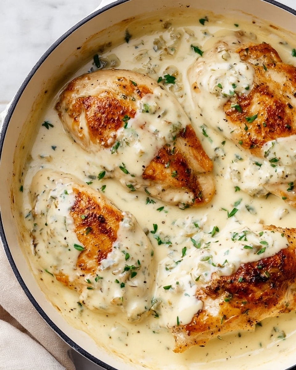 The image shows a white pan filled with four pieces of browned chicken breasts, each covered in a thick creamy white sauce with a smooth texture. The sauce spreads evenly around the chicken, forming a rich layer that fills the pan edges. Small green herbs are sprinkled on top of the chicken and sauce, adding a fresh touch. The chicken pieces are golden and slightly crispy on the outside, visible through the sauce. The pan rests on a white marbled surface with a soft fabric partially visible to the side. Photo taken with an iphone --ar 4:5 --v 7