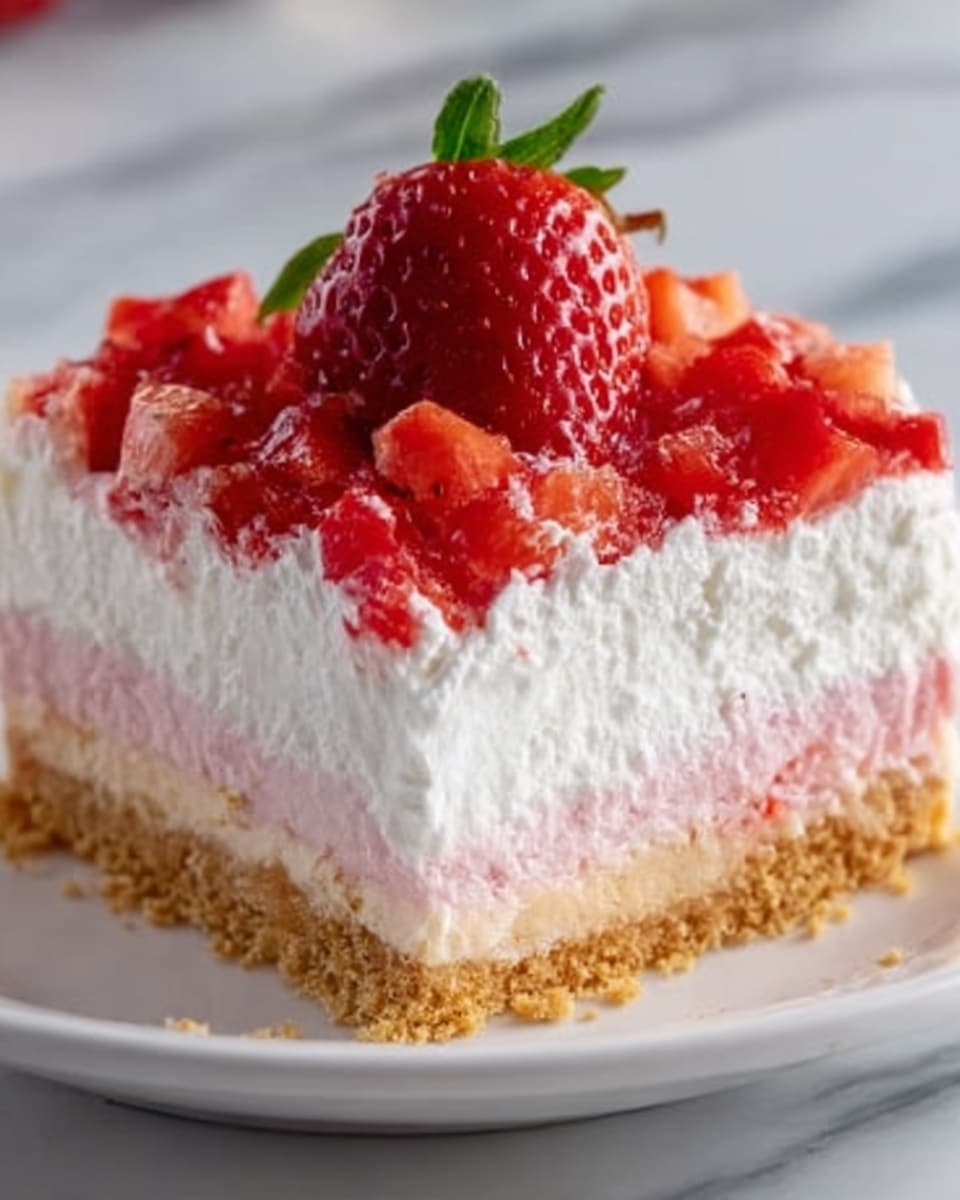 The image shows a square slice of strawberry dessert with four distinct layers. The bottom layer is a crumbly light brown crust that looks like crushed graham crackers. Above it is a pale pink creamy layer, topped by a thick white whipped cream layer. The top of the dessert is covered with chopped red strawberries, along with a whole strawberry placed at the center. The dessert is on a white plate, and the surface beneath is a white marbled texture. Photo taken with an iphone --ar 4:5 --v 7