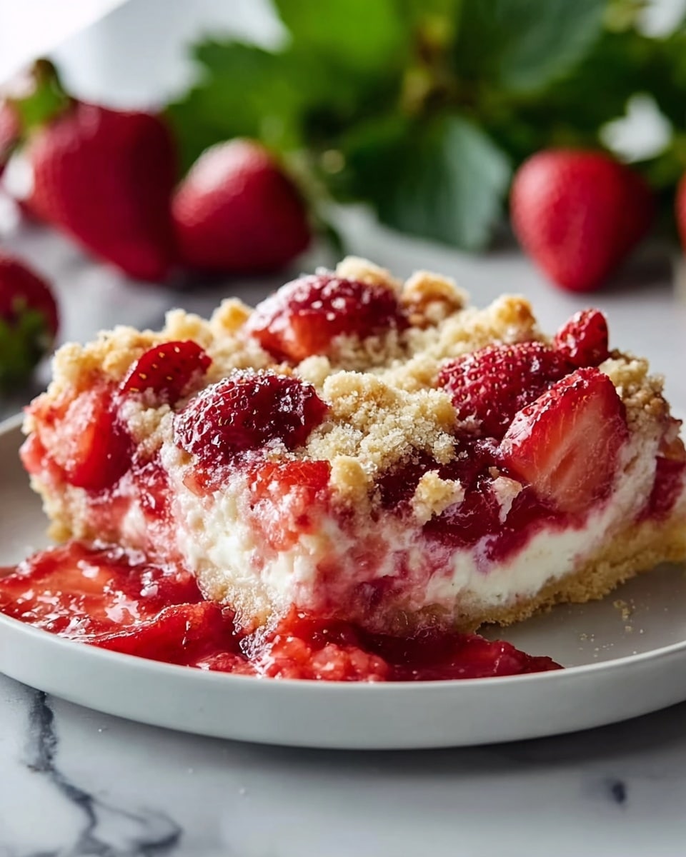 The image shows a piece of strawberry dessert on a white plate with a crumbly, golden-brown topping that is uneven and textured, scattered with whole and halved fresh red strawberries. Below the topping, there is a thick layer of creamy white filling mixed with a bright, juicy red strawberry sauce that looks slightly melted and glossy. The dessert sits on a white marbled surface, with green strawberry leaves and more fresh strawberries blurred in the background. Photo taken with an iphone --ar 4:5 --v 7