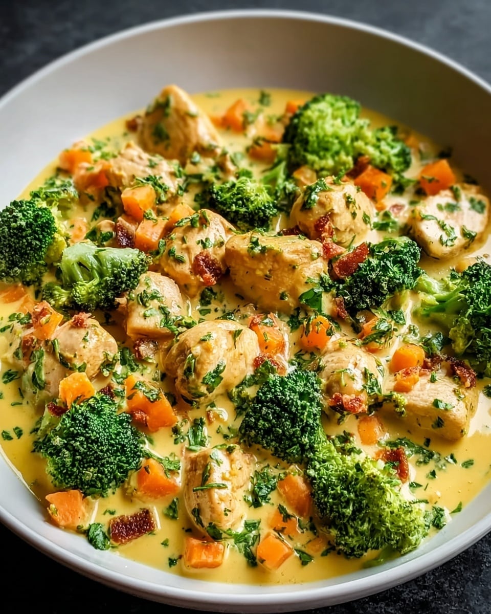 A white bowl filled with a creamy yellow sauce as the base layer. On top of the sauce, there are pieces of cooked chicken that are light golden brown and chunks of bright green broccoli scattered evenly. Mixed with the chicken and broccoli are small diced orange carrots adding a pop of color. The dish is garnished with finely chopped green herbs sprinkled over the entire surface, giving it a fresh and vibrant look. photo taken with an iphone --ar 4:5 --v 7