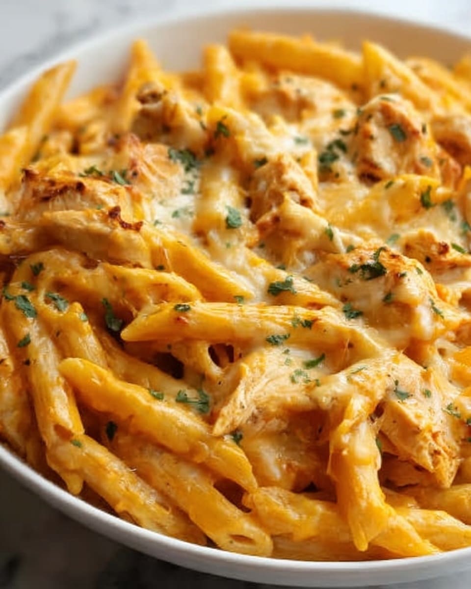 The image shows a close-up of a white bowl filled with baked penne pasta covered in melted, creamy orange cheese sauce. The pasta is mixed with pieces of cooked chicken, all coated with the cheese. Some green herbs are sprinkled over the top, adding small spots of color. The texture of the cheese looks smooth and gooey, while the chicken pieces appear tender and slightly browned. The background is a white marbled surface. photo taken with an iphone --ar 4:5 --v 7