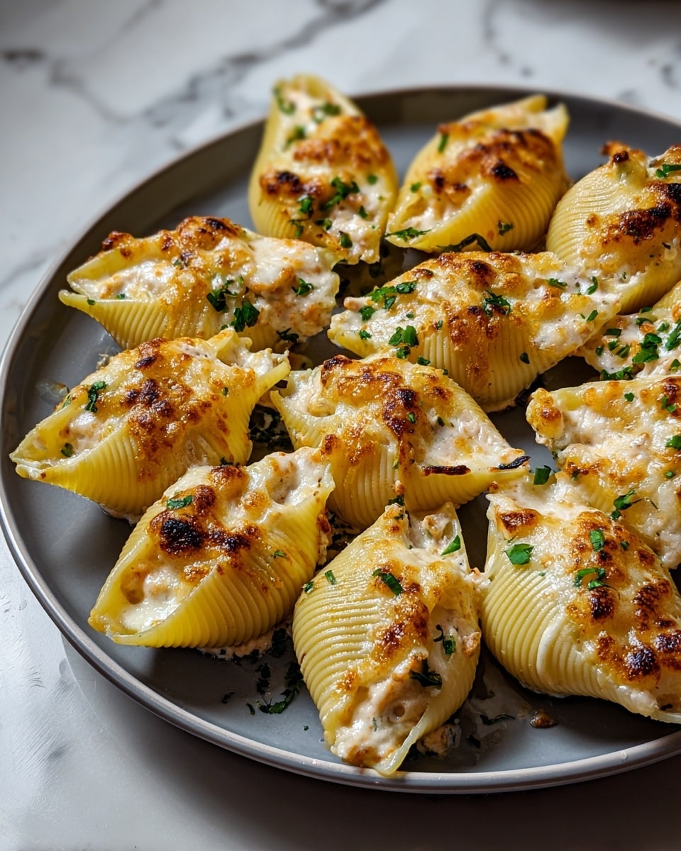 A gray plate holds around ten large pasta shells arranged closely together in a single layer. Each shell is filled with a creamy, white mixture topped with a layer of browned melted cheese that has golden and slightly charred spots. The shells have a ridged texture with a pale yellow color, and fresh green herbs are sprinkled on top, adding a touch of color. The plate sits on a white marbled surface, giving a clean, bright look. photo taken with an iphone --ar 4:5 --v 7