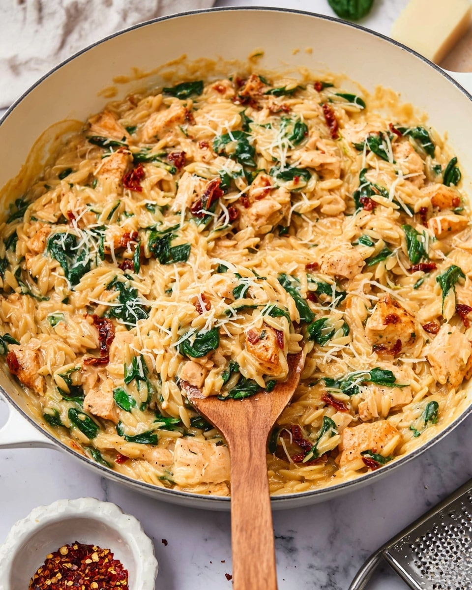 A creamy orzo pasta dish fills a large white pan with three visible layers: at the bottom, a smooth, light golden cream sauce coats the orzo pasta, the middle layer shows small pieces of orange browned chicken and dark green spinach leaves, and the top layer has scattered bits of sun-dried tomatoes and finely grated cheese giving a slightly textured look. A wooden spoon lifts a portion, showing the mix of shiny pasta, cooked chicken, and wilted spinach evenly combined. The setting includes a white marbled surface, with a small white bowl of red pepper flakes and a grater topped with a block of cheese in the background. photo taken with an iphone --ar 4:5 --v 7