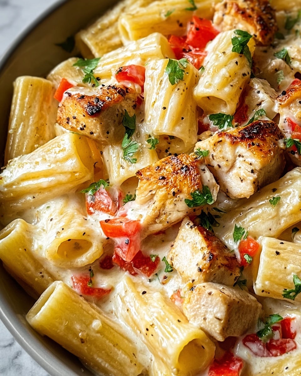 This close-up image shows a creamy pasta dish with three main layers: rigatoni pasta tubes in light yellow with a slightly glossy texture at the base; chunks of golden-brown grilled chicken pieces, some with a slight char, scattered evenly in the middle; and diced red bell pepper pieces adding bright red color throughout, all mixed in a smooth, white cream sauce. Fresh green parsley leaves are sprinkled on top, adding a fresh, leafy texture. The dish looks rich and well-seasoned with black pepper visible on the pasta and chicken. The entire scene is set on a white marbled texture. Photo taken with an iphone --ar 4:5 --v 7