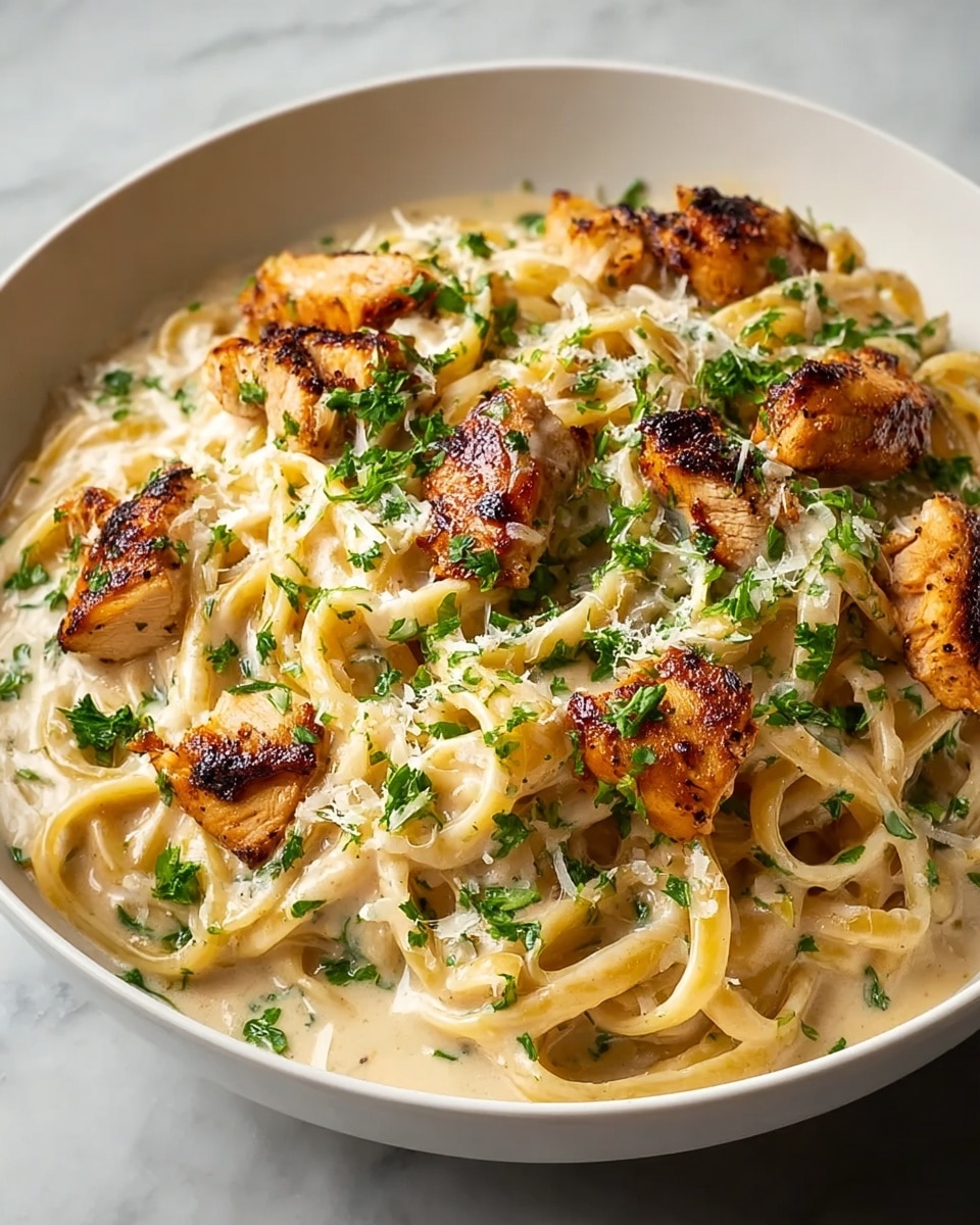 The dish shows a white bowl filled with creamy pasta that has a smooth, light beige sauce, resting on a white marbled surface. On top of the pasta, there are several browned and slightly crispy grilled chicken pieces scattered evenly, giving a golden brown and textured look. Fresh chopped green herbs are sprinkled all over the pasta and chicken, adding a bright, fresh contrast. The textures range from the soft, creamy noodles to the slightly firm, juicy chicken chunks, all mixed together in a harmonious layering. Photo taken with an iphone --ar 4:5 --v 7