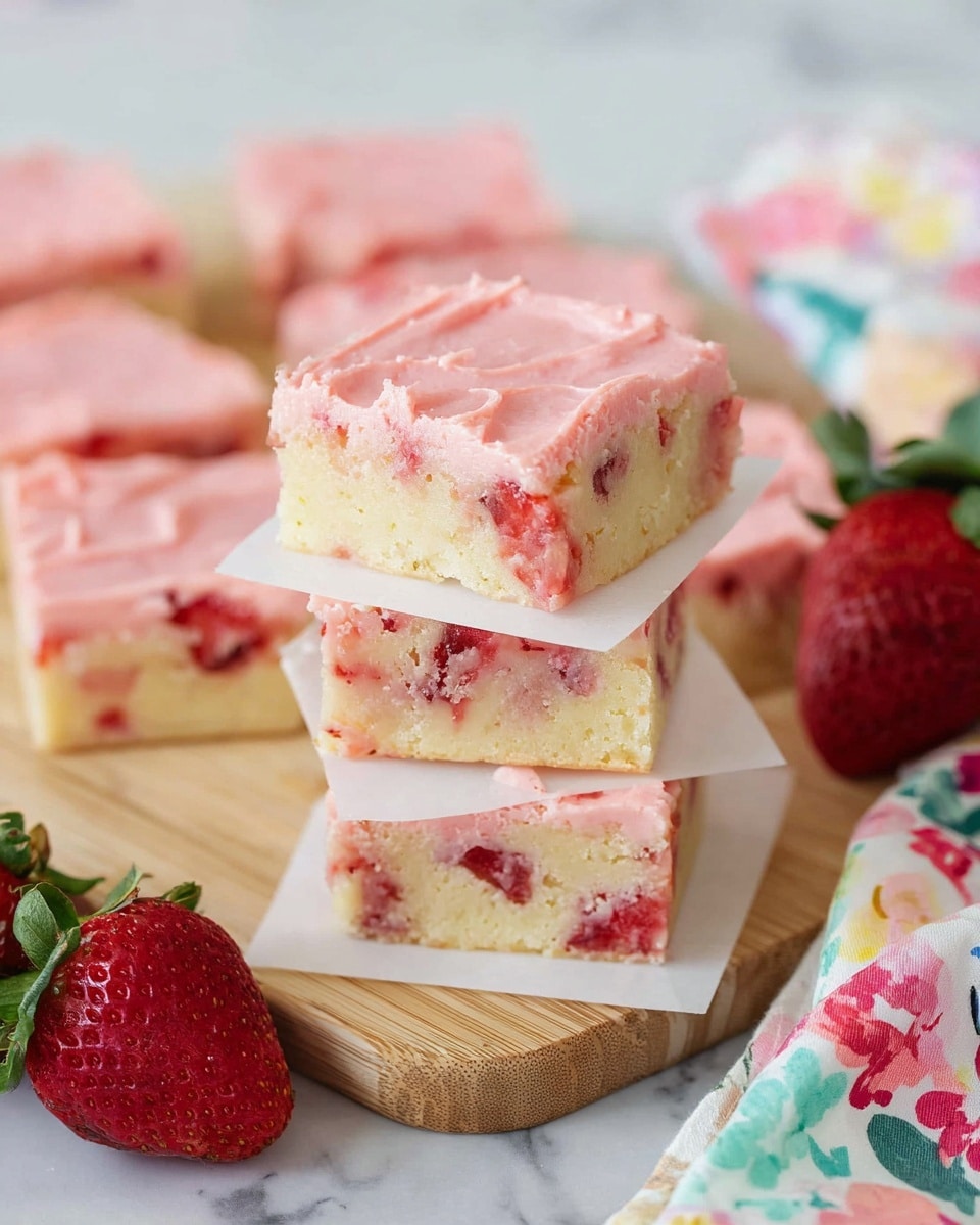 A stack of four square strawberry bars sits on a wooden board, with each bar separated by a thin sheet of white parchment paper. The bars have two visible layers: a moist yellow cake base filled with pieces of red strawberries and a smooth pink frosting layer on top, which looks slightly thick and creamy. Around the stack, there are fresh whole strawberries and more strawberry bars lying flat on the board. A colorful cloth with floral patterns is partly visible on the right side, resting on a white marbled textured surface in the background. photo taken with an iphone --ar 4:5 --v 7