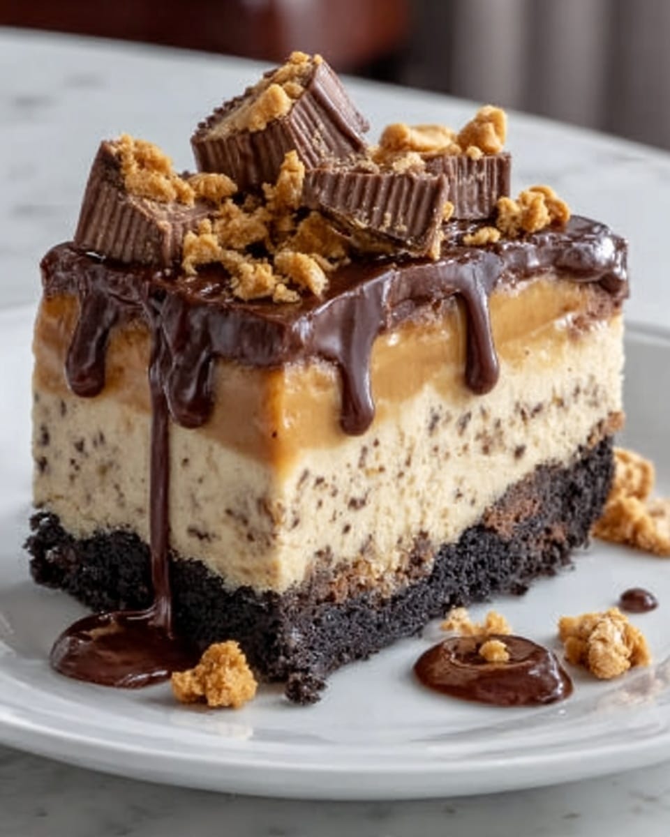 A slice of layered dessert sits on a white plate with a white marbled background. The bottom layer is a dark, crumbly cookie crust, above it is a thick creamy beige layer with small specks. On top of this is a smooth layer of light brown caramel, covered by a shiny, rich chocolate layer that drips down the sides. The top is decorated with broken peanut butter cups and crunchy cookie pieces scattered around, with extra chocolate sauce pooling slightly on the plate. Photo taken with an iphone --ar 4:5 --v 7