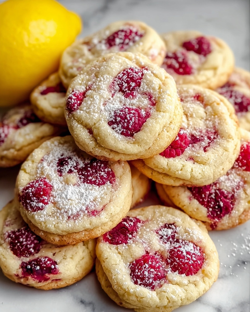 A close-up view of a stack of soft, round cookies with a light golden-brown color and slightly cracked tops, each cookie containing bright red raspberries embedded in the dough, creating small pools of red juice on the surface. The cookies are dusted lightly with white powdered sugar, adding a soft texture contrast. In the background, a bright yellow lemon sits on a white marbled surface among the cookies, providing a pop of color. The overall look is warm and inviting with natural light highlighting the textures. photo taken with an iphone --ar 4:5 --v 7