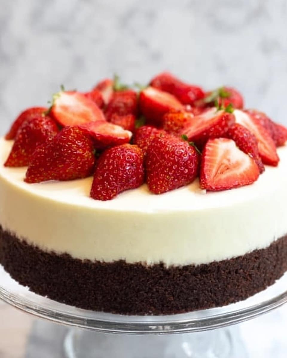A round dessert with three distinct layers is shown on a white marbled surface. The bottom layer is a thick, dark brown chocolate cake, dense and moist. On top of this is a thick, smooth white cream layer that looks soft and rich. The top layer is made of fresh red strawberries, some sliced and some whole, covering the cream evenly. The strawberries add a bright, fresh color contrast to the white cream and dark cake, making the dessert look fresh and inviting. photo taken with an iphone --ar 4:5 --v 7