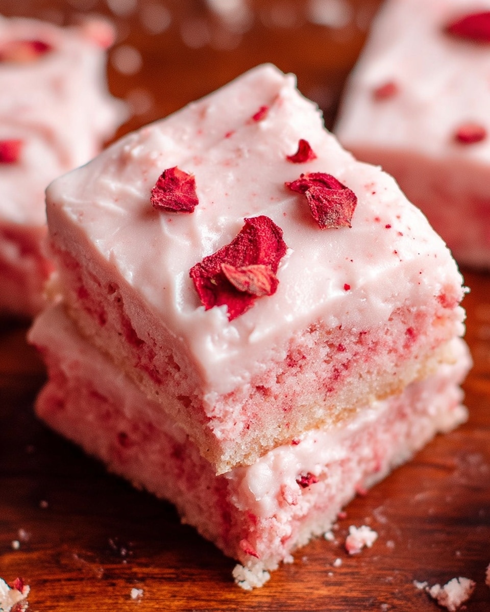 A close-up view of a square dessert showing two layers with a pink creamy frosting on top and a pink soft cake layer underneath. The top frosting is smooth with a few small red dried fruit pieces scattered for decoration. The cake layer is moist and slightly textured, matching the pink theme well. The dessert pieces are set on a wooden surface, with some crumbs visible around the edges. photo taken with an iphone --ar 4:5 --v 7