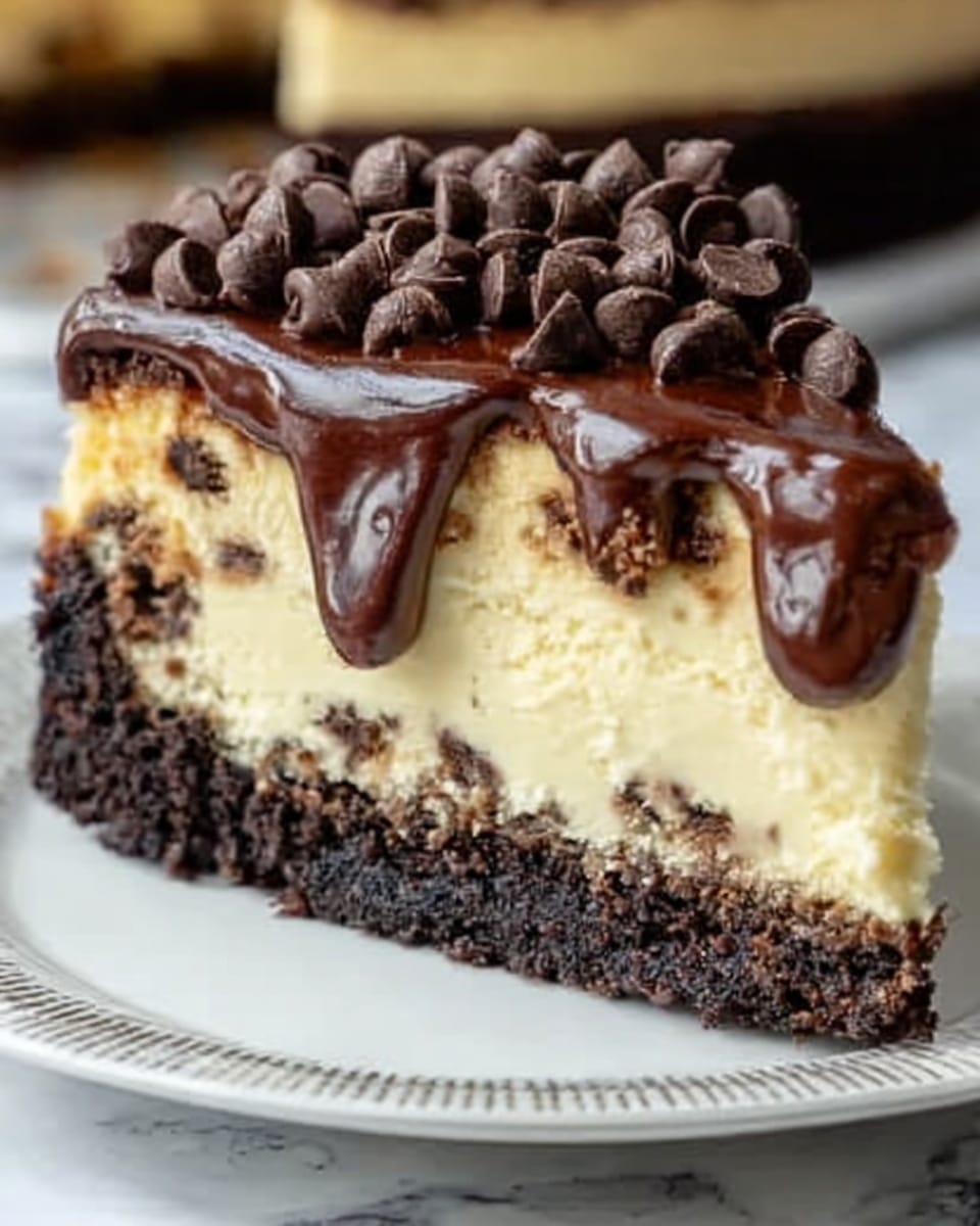 A close-up of a slice of dessert with three main layers on a white plate with a simple pattern. The bottom layer is dark brown and crumbly, looking like a cookie or crushed biscuit base. Above this is a thick, creamy, light yellow cheesecake layer with small bits of chocolate or cookie mixed in. The top layer is a shiny, smooth chocolate ganache that drips slightly down the side and is covered with a generous pile of dark brown chocolate chips. The background shows a white marbled surface. photo taken with an iphone --ar 4:5 --v 7