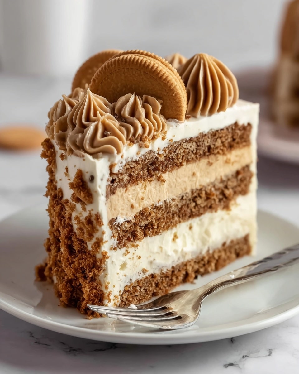 The image shows a slice of layered cake on a white plate with a fork beside it. The cake has three main layers: the bottom and middle layers are crumbly and brown, while the second layer from the top is creamy and light beige. Above that is a thin white cream layer with crushed crumbs on top covering the edges. The top is decorated with swirls of light brown frosting and a round cookie placed upright among the swirls. The plate rests on a white marbled surface. photo taken with an iphone --ar 4:5 --v 7