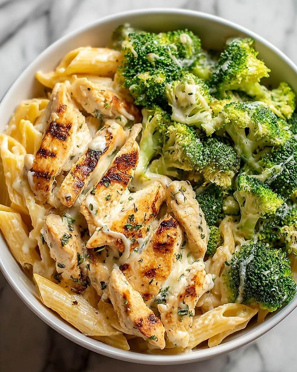 A white bowl is filled with three layers: the bottom layer is light yellow penne pasta, soft and coated slightly with sauce; the middle layer consists of bright green broccoli florets, fresh and slightly steamed; the top layer shows golden-brown grilled chicken strips with herbs, all covered with a light, creamy white sauce that melts slightly over the chicken and broccoli. The bowl sits on a white marbled textured surface. photo taken with an iphone --ar 4:5 --v 7