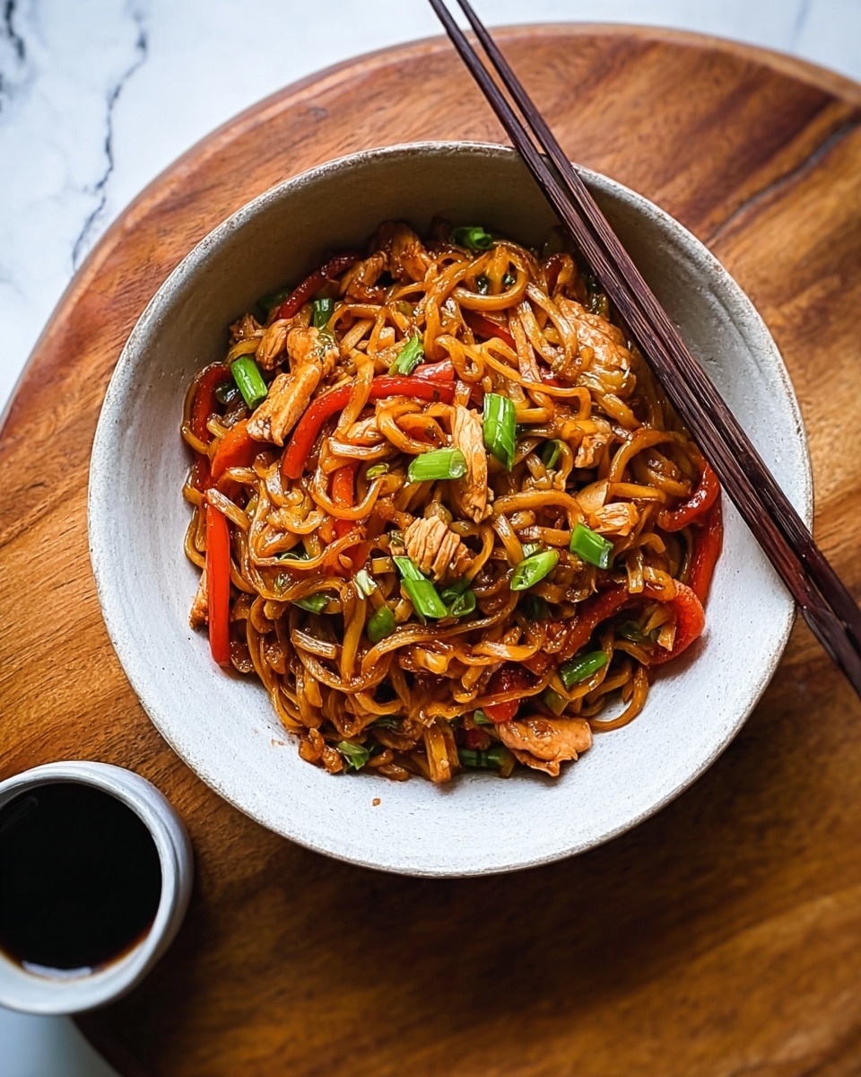 A bowl of stir-fried lo mein noodles sits on a wooden board, showing a colorful mix of thick, glossy brown noodles with a shiny texture, mixed with light brown pieces of chicken, thin red bell pepper strips, and green sliced spring onions scattered on top. The noodles form the main layer with mixed vegetables and chicken spread throughout. Dark brown wooden chopsticks rest on the bowl's edge, and a cup of dark soy sauce is placed nearby. The bowl is white with a slightly rough texture inside. The background is a white marbled texture. photo taken with an iphone --ar 4:5 --v 7
