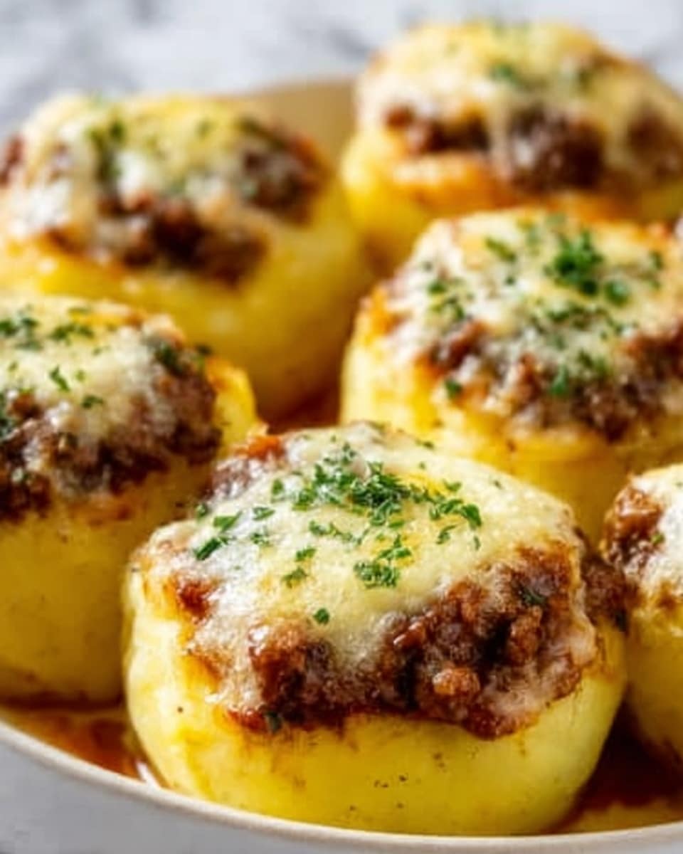 The image shows a close-up of several stuffed yellow potato halves, arranged closely together. Each potato half has a fluffy, smooth yellow base layer of mashed potato, topped with a textured layer of browned ground meat. The meat is then covered with a melting layer of golden, slightly browned cheese, sprinkled with finely chopped green herbs. The potato halves rest on a white plate, with a white marbled background visible behind them. photo taken with an iphone --ar 4:5 --v 7