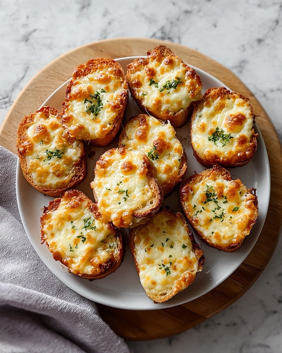 A round white plate holds nine small pieces of toasted bread, each topped with a thick layer of melted, golden-brown cheese. The bread is light brown and crispy around the edges, with the cheese layer bubbling and slightly browned on top. Small green herb sprinkles add a touch of color on each cheese topping. The plate sits on a wooden board over a white marbled surface, with a soft gray cloth partially visible at the bottom left corner. Photo taken with an iphone --ar 4:5 --v 7