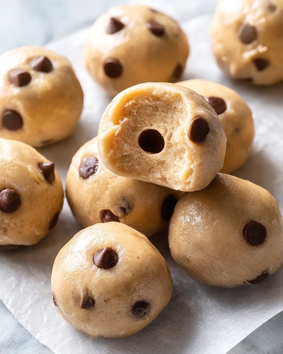 A close-up of seven soft cookie dough balls on white parchment paper over a white marbled surface. The dough balls are light tan with small dark brown chocolate chips embedded on their shiny, slightly textured surface. One dough ball is on top of two others and has a bite taken out, showing its soft, grainy interior with a small cavity in the center. The overall look is fresh and unbaked, with a slightly glossy finish. Photo taken with an iphone --ar 4:5 --v 7