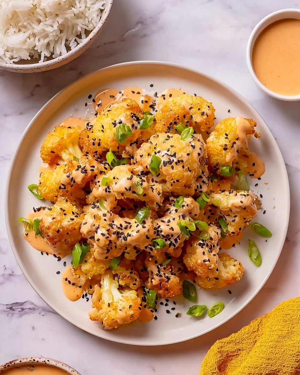 A pink plate holds a pile of golden fried cauliflower pieces, each coated with a light orange creamy sauce that drips slightly onto the plate. The cauliflower is sprinkled with small black seeds and chopped bright green spring onions, adding softness and color contrast. In the background, a white bowl with plain white rice and a white ramekin with extra orange sauce sit on a white marbled surface. A yellow cloth and a slice of lime are placed near the bottom right corner of the image. photo taken with an iphone --ar 4:5 --v 7