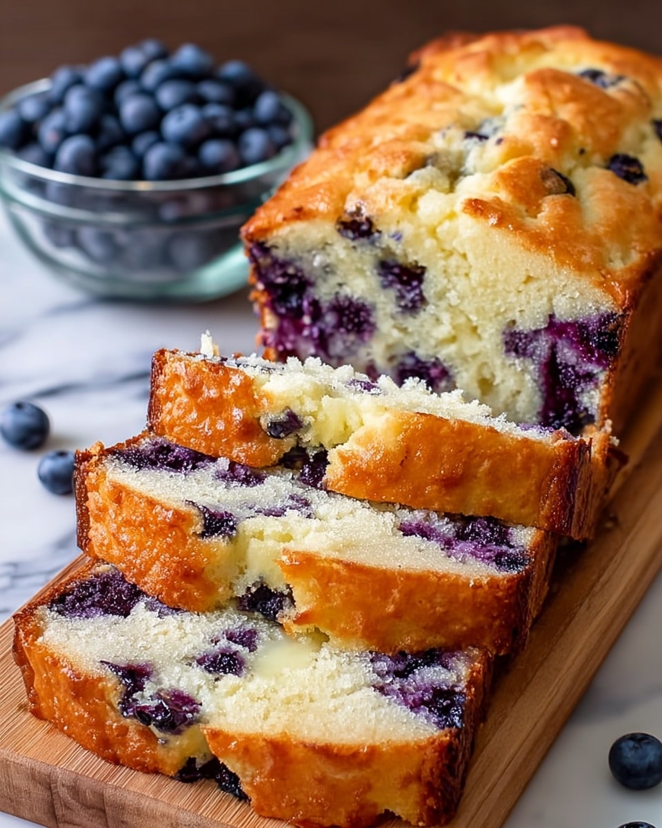The image shows a loaf of blueberry cake, sliced to reveal the inside layers. The cake has a golden brown crust on the outside, soft and light yellow inside with scattered whole blueberries creating dark purple spots throughout the loaf. Each slice shows a moist texture with a slightly crumbly top. The loaf is placed on a wooden board, and in the background, there is a clear glass bowl filled with fresh blueberries. The setting is on a white marbled surface. photo taken with an iphone --ar 4:5 --v 7