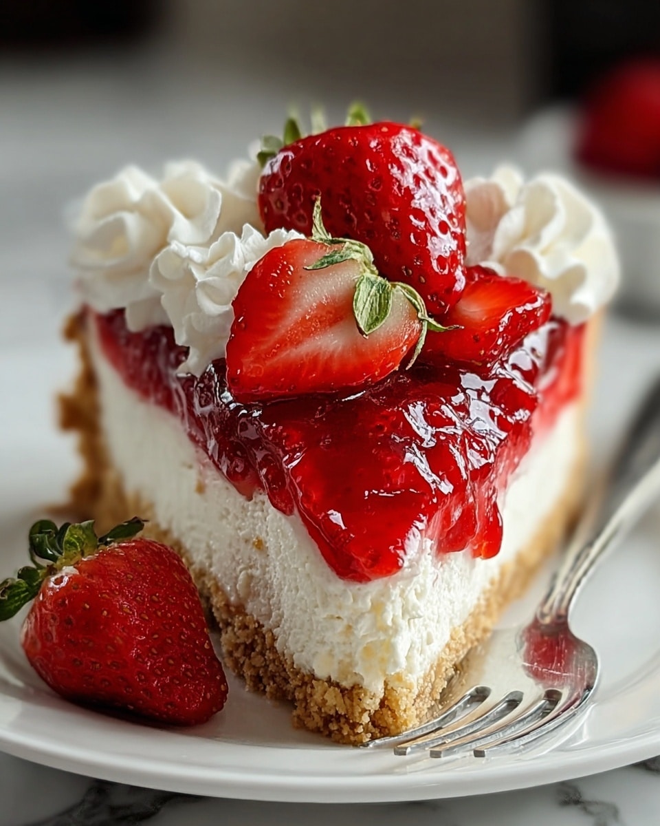 A slice of strawberry cheesecake sits on a white plate with a silver fork next to it, placed on a white marbled surface. The dessert has three layers: the bottom layer is a crumbly, light brown crust, the middle layer is thick and creamy white cheesecake, and the top layer includes a glossy red strawberry sauce with fresh strawberries on top. There are dollops of fluffy white whipped cream around the strawberries, with one strawberry sliced in half showing its bright red inside and green leaves on top. A whole strawberry rests on the plate beside the slice. The photo taken with an iphone --ar 4:5 --v 7