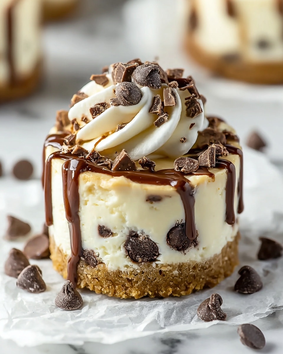 This image shows a small round dessert with three layers. The bottom layer is a crumbly brown crust, the middle layer is thick and creamy white with dark chocolate chips mixed inside, and the top layer is a soft swirl of white cream. Dark chocolate drizzle flows over the cream and down the sides, with chunks and chips of chocolate sprinkled on top. The dessert sits on a piece of white parchment, with some chocolate chips scattered around. The photo is taken on a white marbled surface. photo taken with an iphone --ar 4:5 --v 7