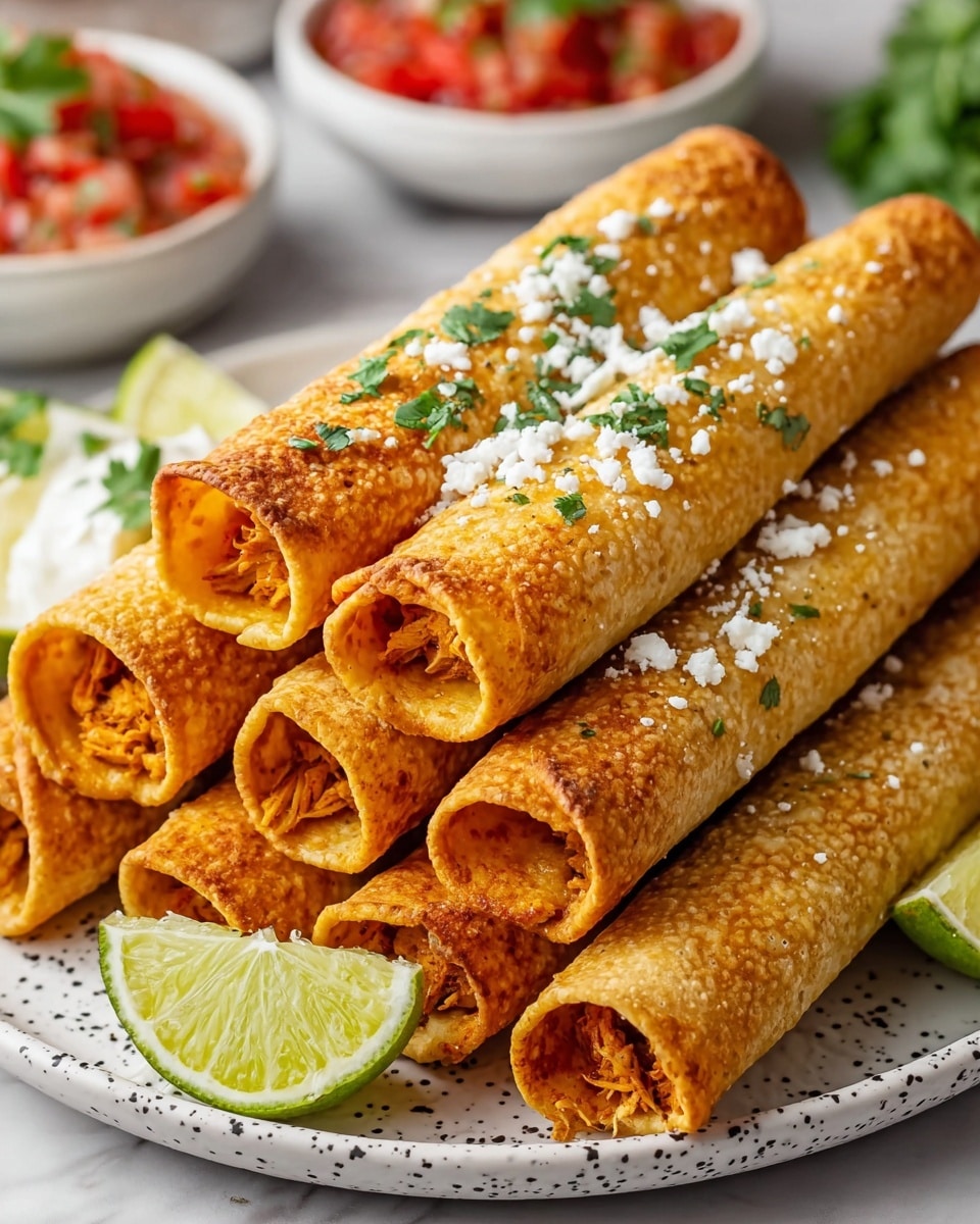 A white plate stacked with two layers of rolled, golden-yellow taquitos filled with shredded, seasoned chicken visible at the open ends; the taquito shells have a crispy texture and are sprinkled with small white crumbly cheese and chopped green cilantro leaves on top. To the side of the plate are two lime wedges with bright green skin and juicy interior. In the background, a bowl of red and green salsa and a bowl of smooth white sour cream sit on a white marbled surface. photo taken with an iphone --ar 4:5 --v 7