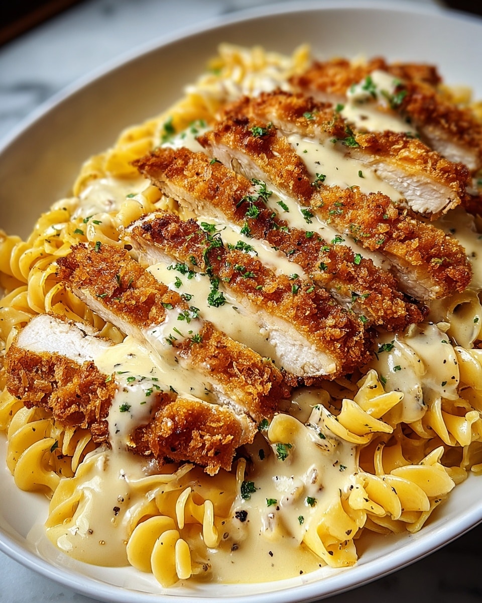 A white bowl filled with creamy pasta at the bottom, showing thick, curly noodles covered in a smooth, pale yellow sauce. On top, there are five crispy, golden-brown chicken strips sliced to reveal juicy, white meat inside. The chicken is drizzled with extra light yellow sauce and sprinkled with finely chopped green herbs and black pepper. The bowl is placed on a white marbled surface. photo taken with an iphone --ar 4:5 --v 7