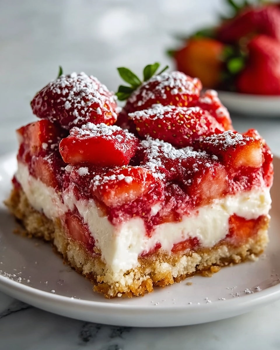A close-up of a dessert bar with three distinct layers on a white plate, placed on a white marbled surface. The bottom layer is a crumbly, golden-brown crust with a rough texture. The middle layer is creamy white, smooth, and thick, contrasting with the top layer, which is a bright red strawberry filling with visible chunks of strawberries. The top layer is sprinkled with fresh whole and halved strawberries, and a light dusting of powdered sugar adds a delicate white touch on top. Photo taken with an iphone --ar 4:5 --v 7