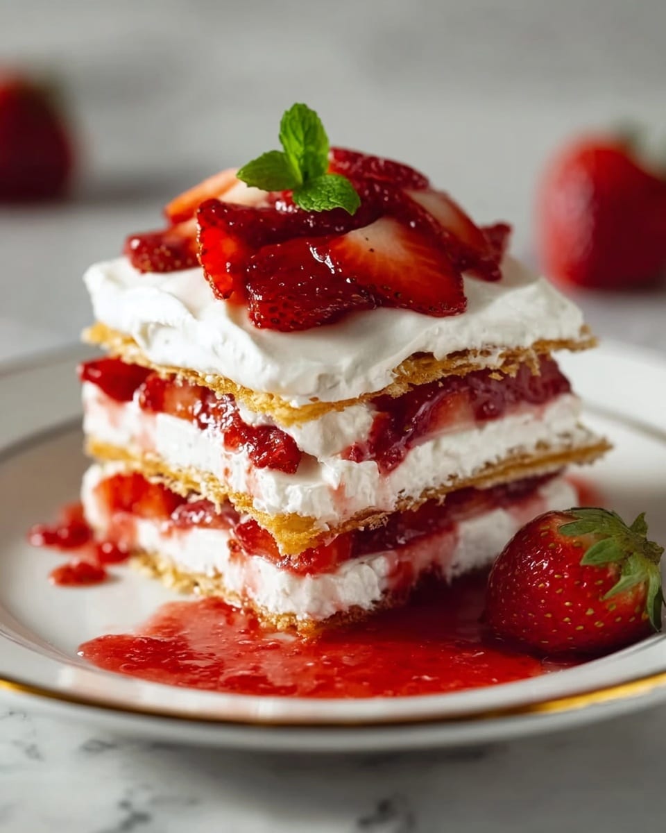 A three-layer dessert sits on a white plate with a thin gold rim, placed on a white marbled surface. The bottom layer is a golden-brown thin pastry crust covered in a thick, shiny red strawberry sauce that slightly pools around the base. The middle layers alternate between fluffy white cream and thin slices of bright red strawberries nestled inside the cream, with two more golden crusts separating these layers. The top layer has a generous spread of white cream, topped with glossy, fresh strawberry slices arranged neatly, and a small green mint leaf for decoration. The dessert looks soft and creamy with a mix of smooth and textured elements, and a dusting of powdered sugar lightly covers the top. Photo taken with an iphone --ar 4:5 --v 7