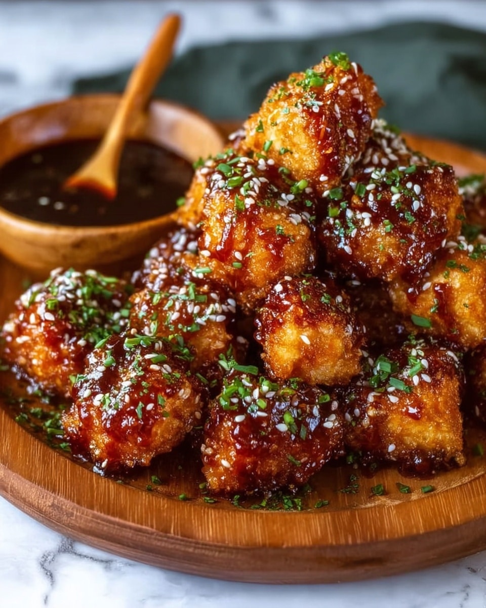 The image shows a wooden bowl filled with crispy, golden-brown fried pieces coated in a glossy dark brown sauce. Each piece is sprinkled generously with white sesame seeds and finely chopped green herbs, adding specks of green throughout the dish. The texture of the fried pieces is crunchy and rough, with the sauce creating a shiny, sticky look. In the background, there is a small wooden bowl with a wooden spoon resting in it, sitting on a white marbled surface. photo taken with an iphone --ar 4:5 --v 7