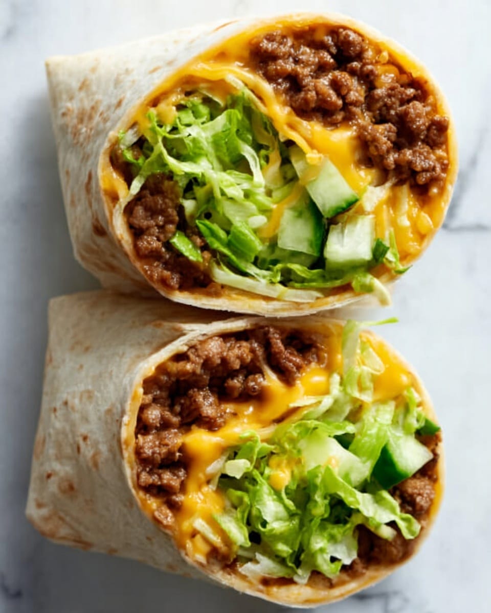 The image shows two halves of a burrito cut open and placed side by side on a white marbled surface. Each half reveals several layers inside: a top layer of bright green lettuce with a shredded texture, beneath that a creamy yellow-orange melted cheese, and at the bottom, a layer of cooked ground beef with a crumbly texture and rich brown color. The burrito is wrapped in a soft, white flour tortilla that is slightly toasted, with some light brown spots. Photo taken with an iphone --ar 4:5 --v 7